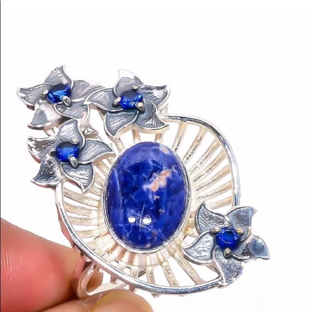 Natural Sodalite and Sapphire sterling silver ring